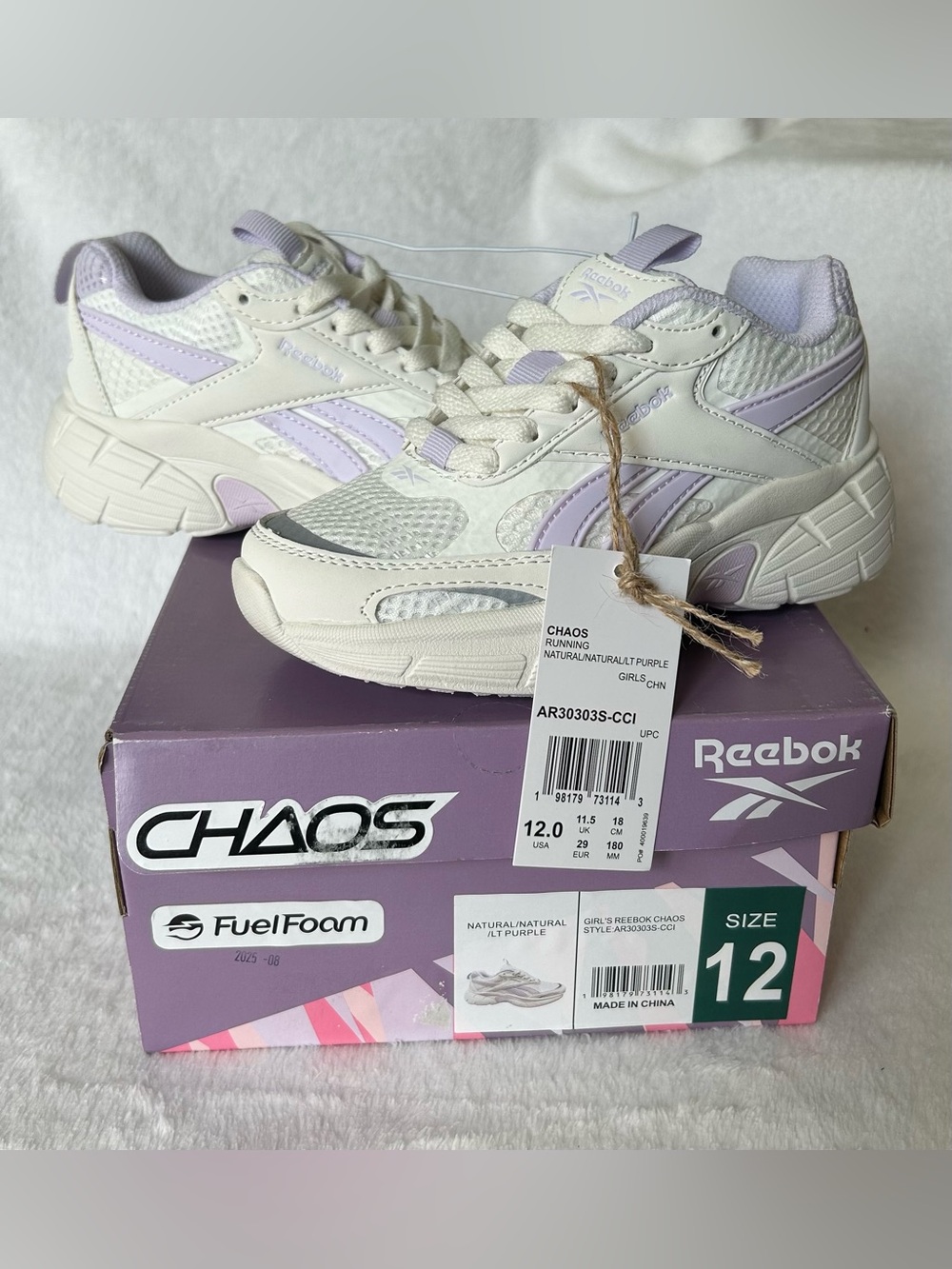 Reebok Chaos Girls Kids Running Sneakers Lace-Up Low Top Cream Purple SIZE 12